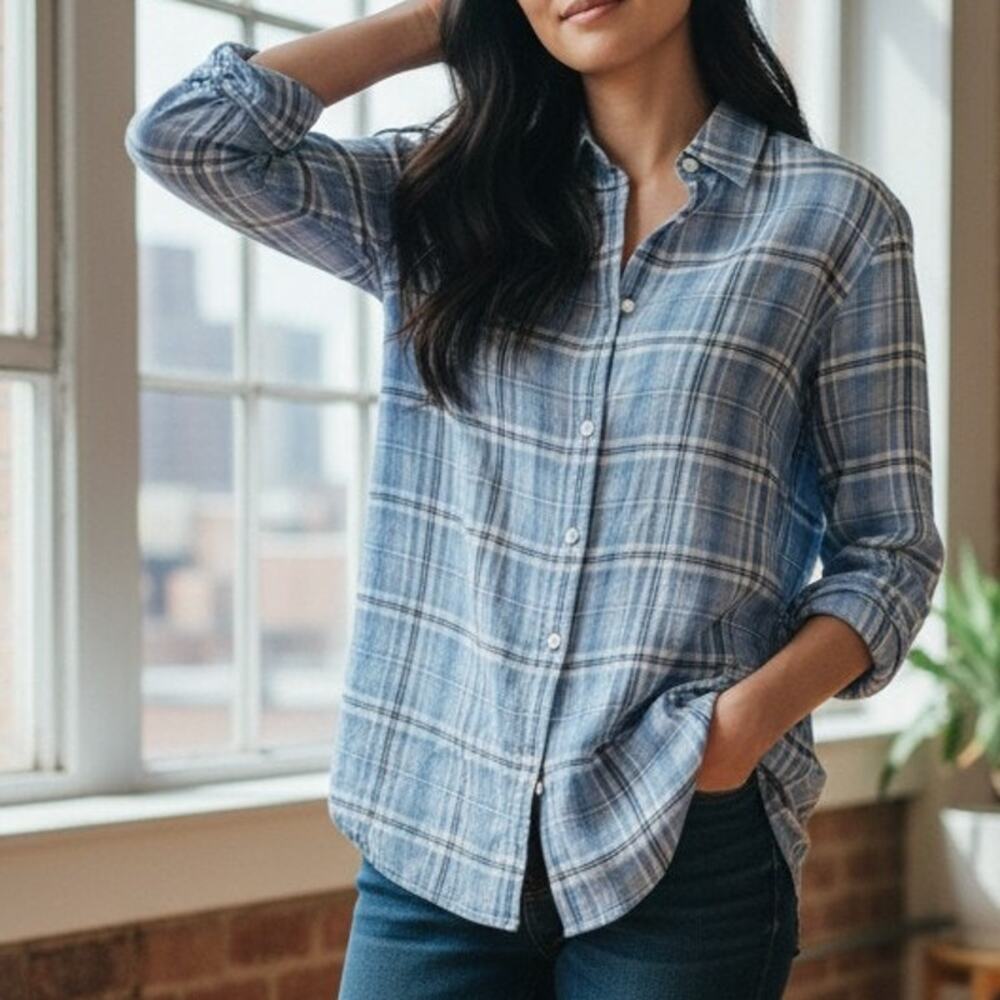 J Jill Blue Plaid Cotton Long Sleeve  Button Down Top Small
